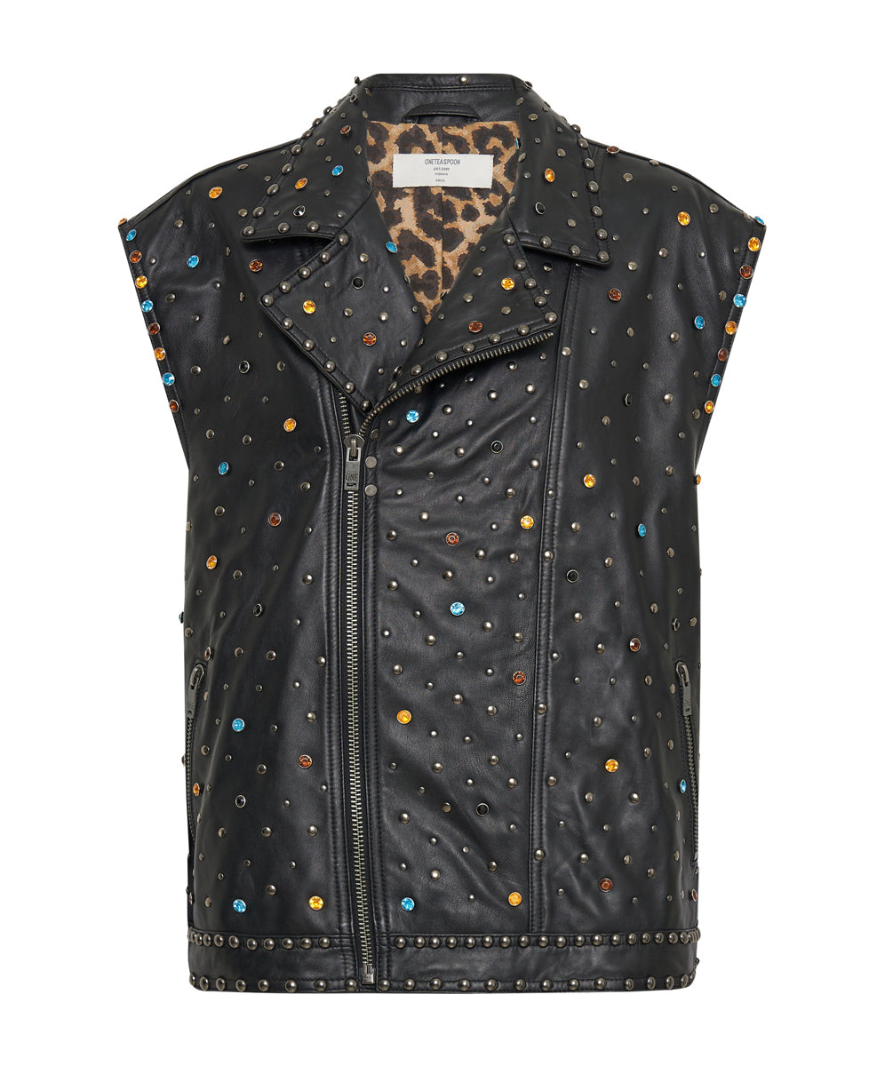 Products Studded Jewel Leather Eagle Punk Sleeveless Jacket - Black