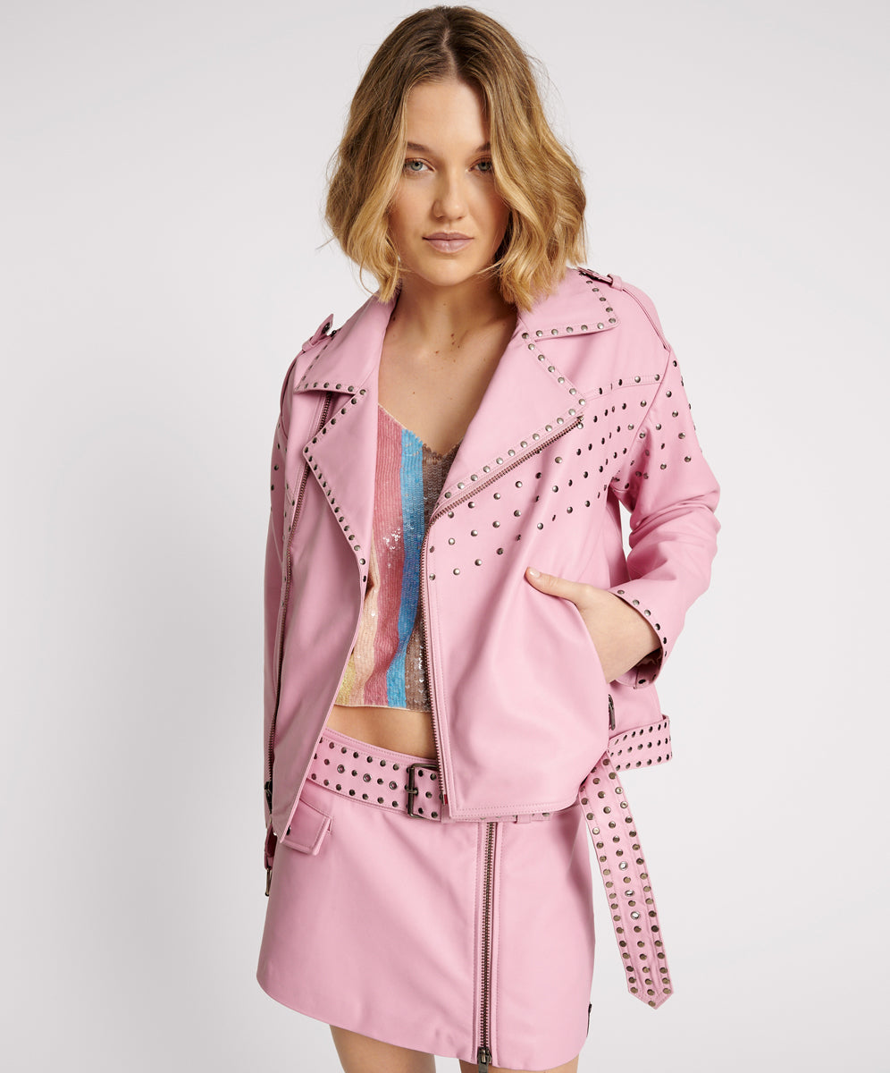 Rizzo Pink Studded Leather Moto Jacket | One Teaspoon USA