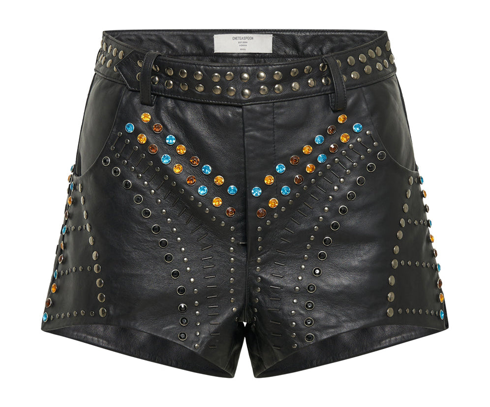 Studded Jewel High Waist Leather Shorts - Black