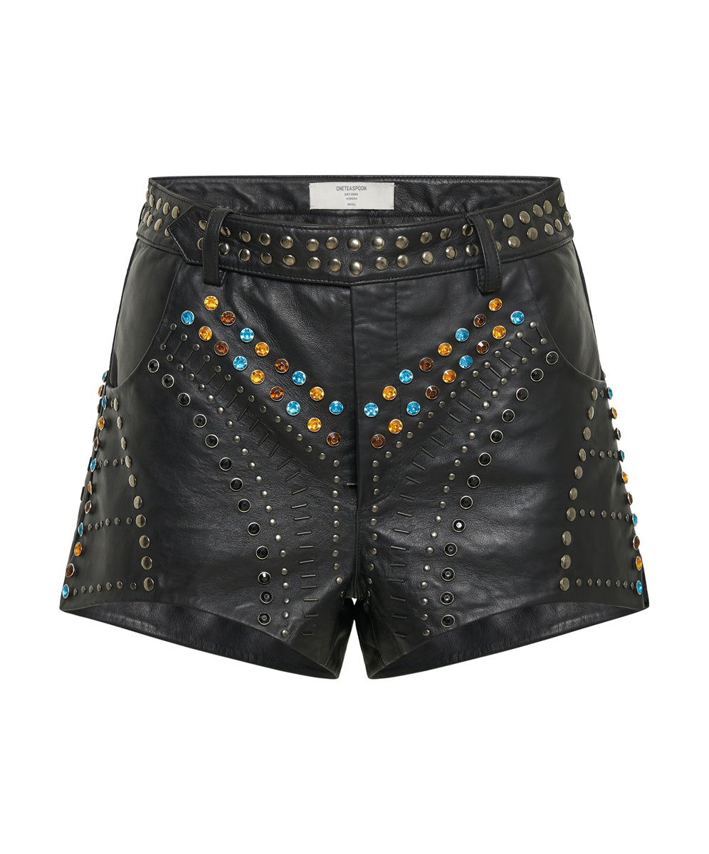 Products Studded Jewel High Waist Leather Shorts - Black