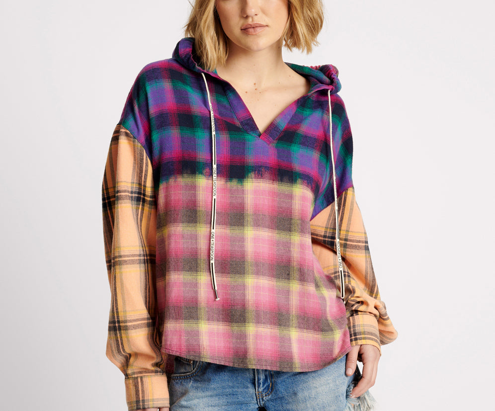 MIXED FLANNEL HOODED SHIRT