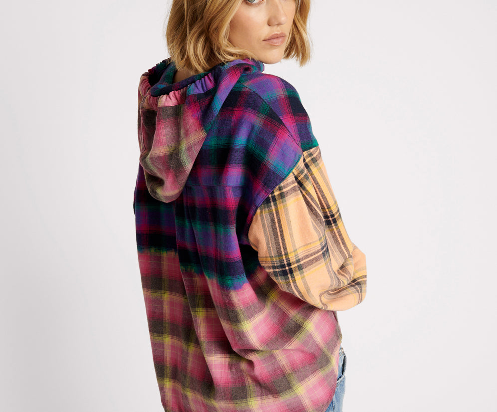 MIXED FLANNEL HOODED SHIRT