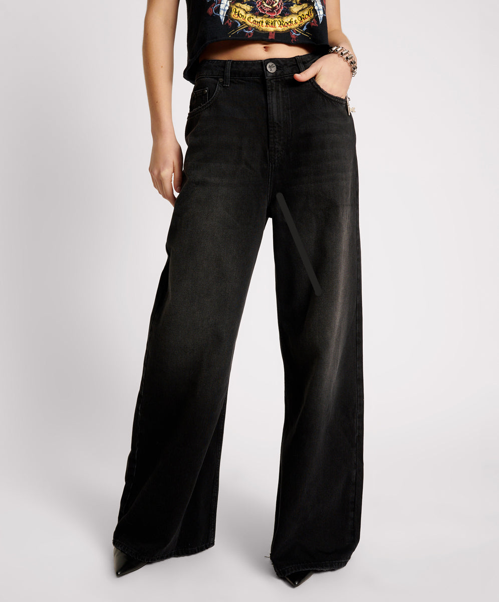 Love Machines Mid Waist Super Wide Leg Denim Jeans - Washed