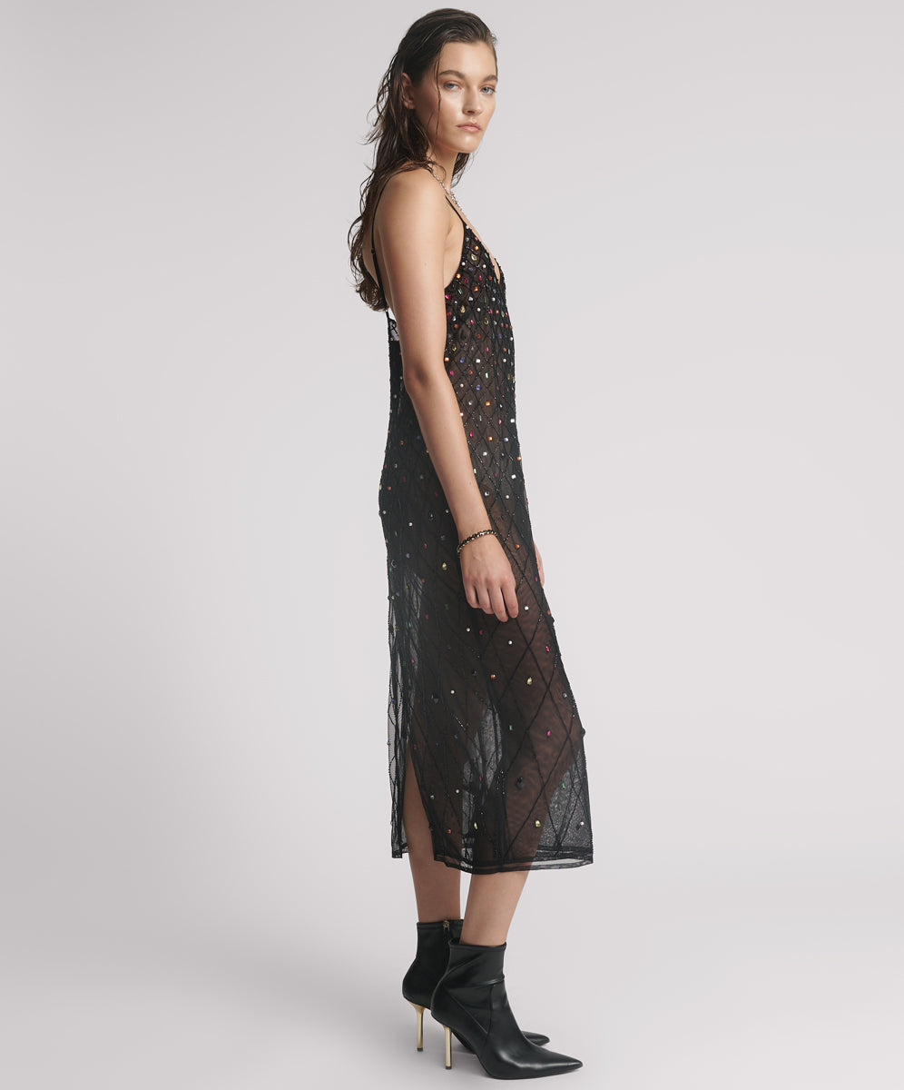 Stellar Jewel Hand Beaded Slip Midi Dress - Black | One Teaspoon USA
