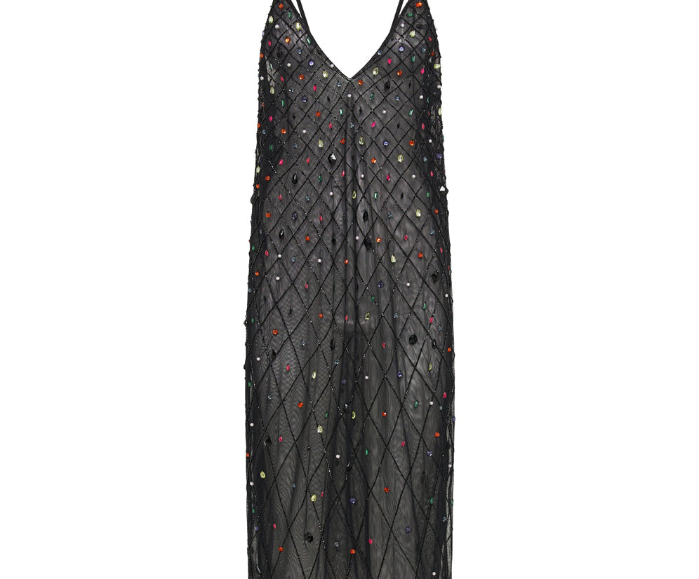Stellar Jewel Hand Beaded Slip Midi Dress - Black
