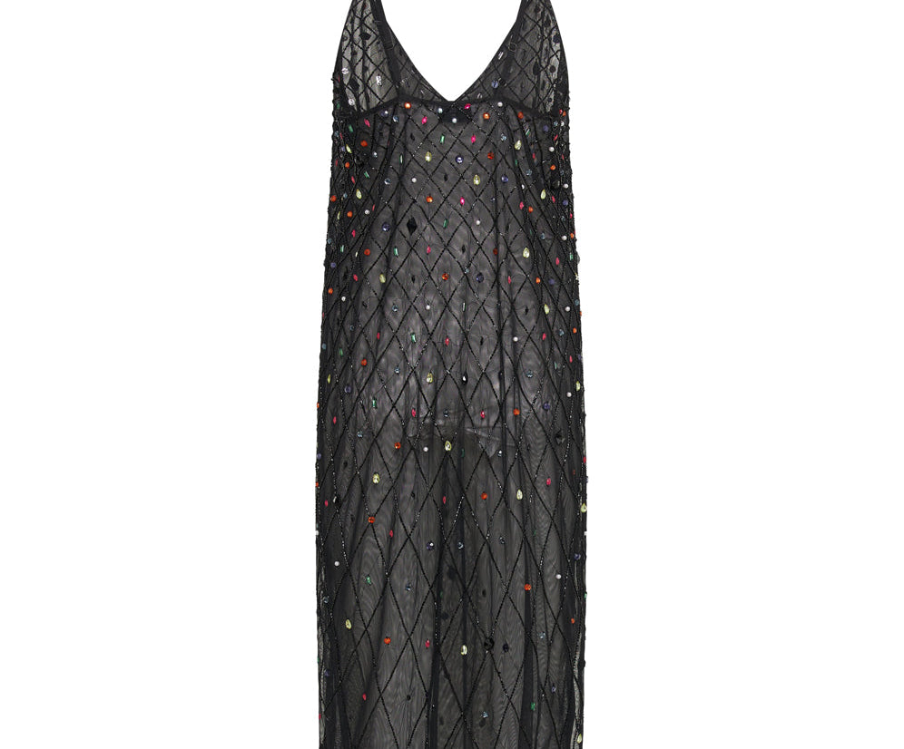Stellar Jewel Hand Beaded Slip Midi Dress - Black