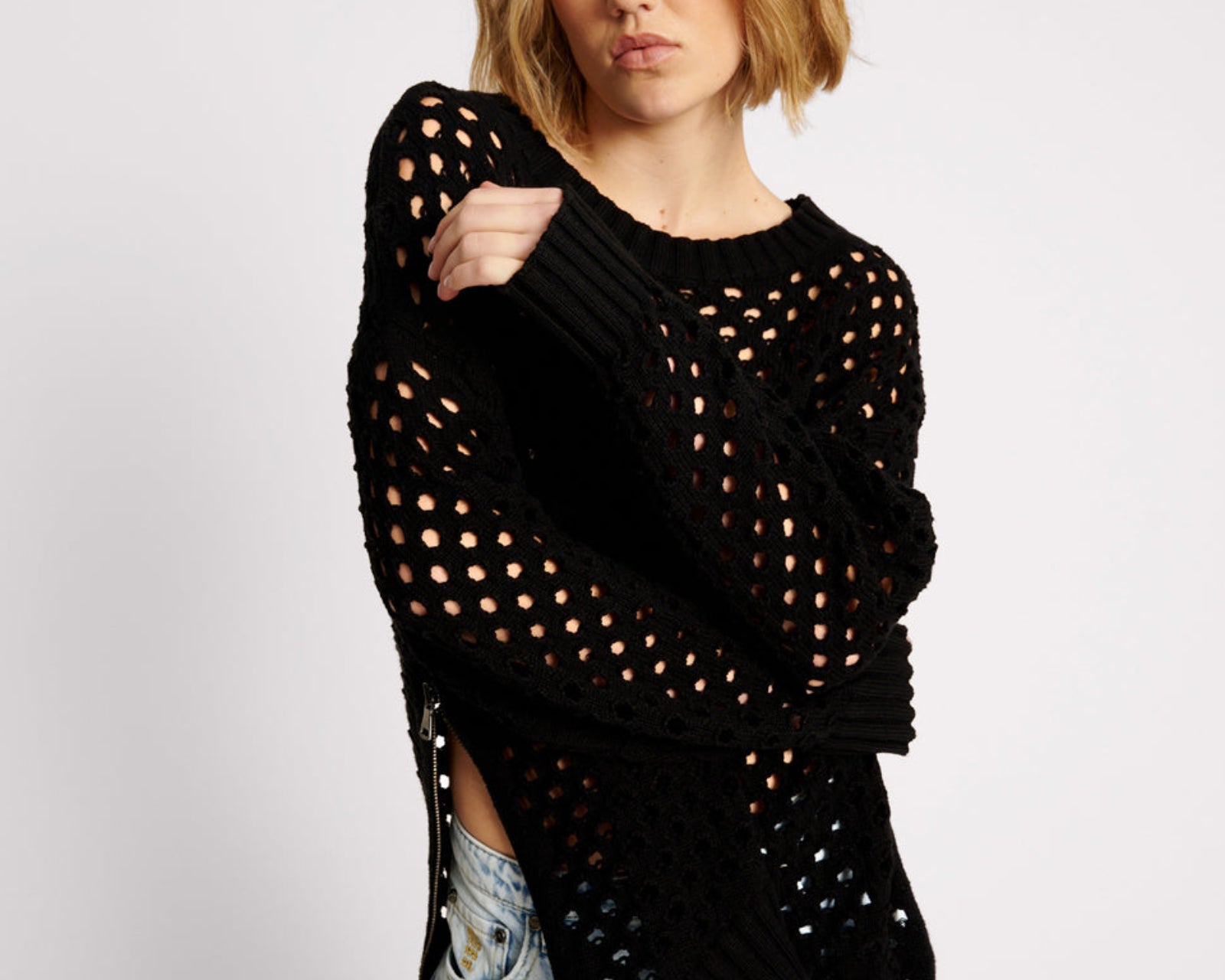 fall fashion fish net sweater Women Knit Crochet Hollow Out Fishnet Top Mesh Sweaters Long Sleeve Hollow Out Loose Knit Sheer Tops (Black,S,Small) at Amazon Women's Clothing store cutout knitted design Code Knitted Fishnet Zip Side Sweater