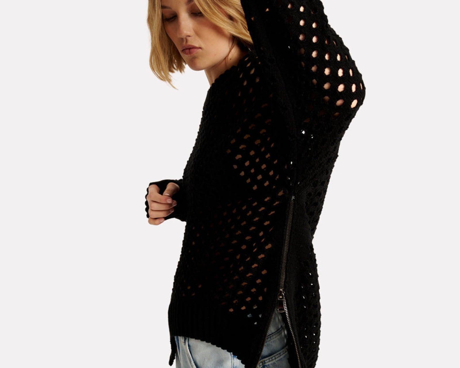 Knitted Fishnet Zip Side Sweater - Black | One Teaspoon USA Knitted Fishnet Zip Side Sweater - Black | One Teaspoon USA