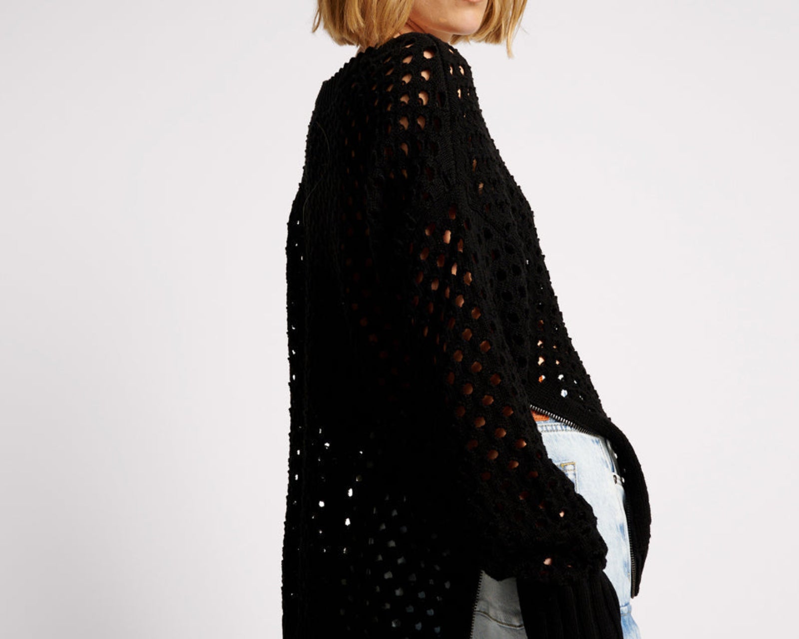 Knitted Fishnet Zip Side Sweater - Black