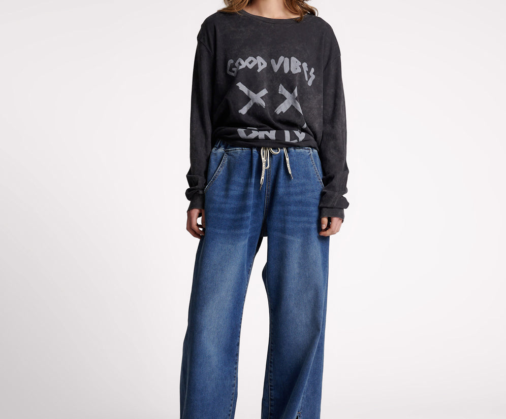 DEEP BLUE ROADHOUSE WIDE LEG DRAWSTRING JEANS