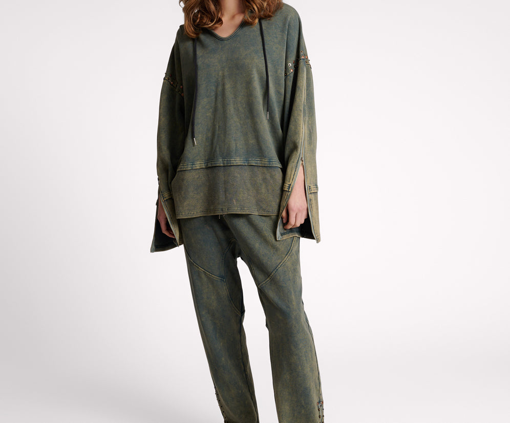 Studded Track Warm Up Sweater Hoody - Petrol Green