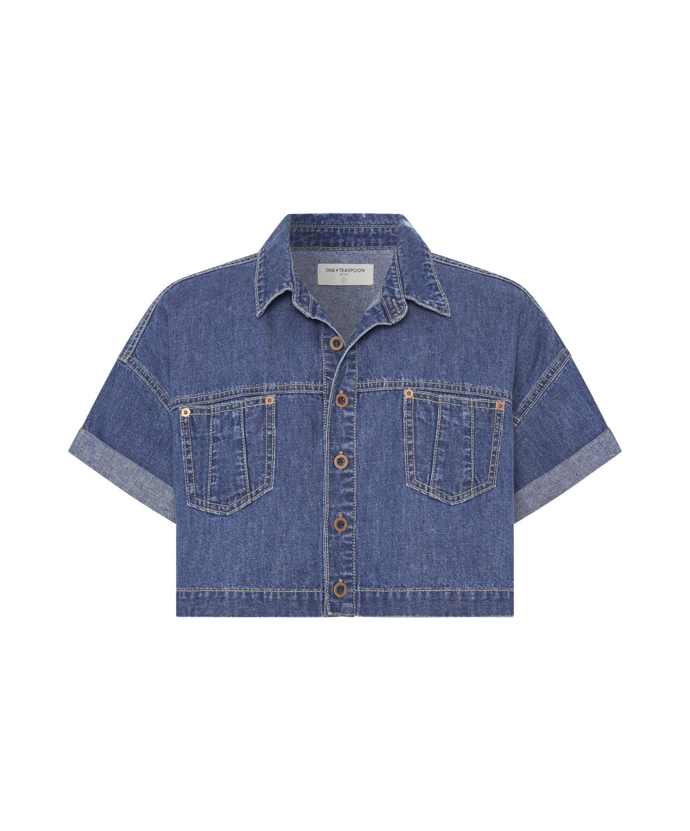 dress shirt crop top Western Cropped Denim Shirt - True Blue