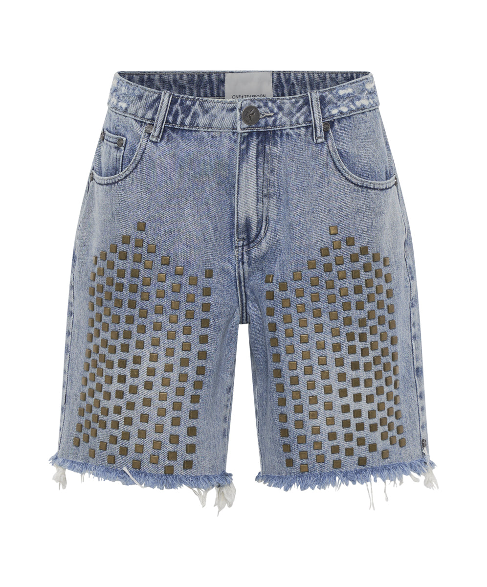 Mid Waist Denim Shorts Jacksons Mid Waist Wide Leg Studded Denim Shorts - Salty Dog