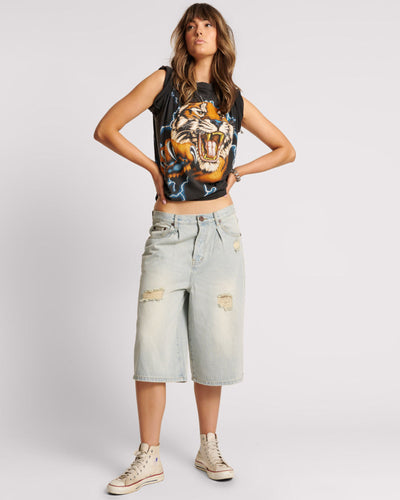Beasties Low Waist Wide Leg Super Long Length Denim Jorts - Old West
