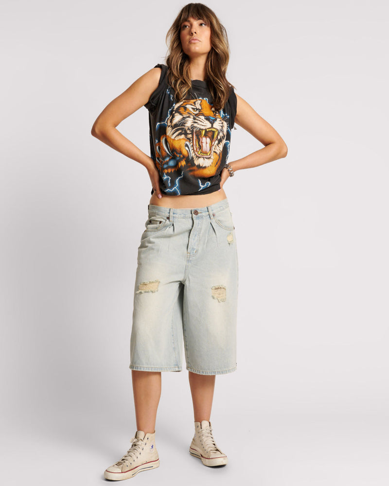 Beasties Low Waist Wide Leg Super Long Length Denim Jorts - Old West