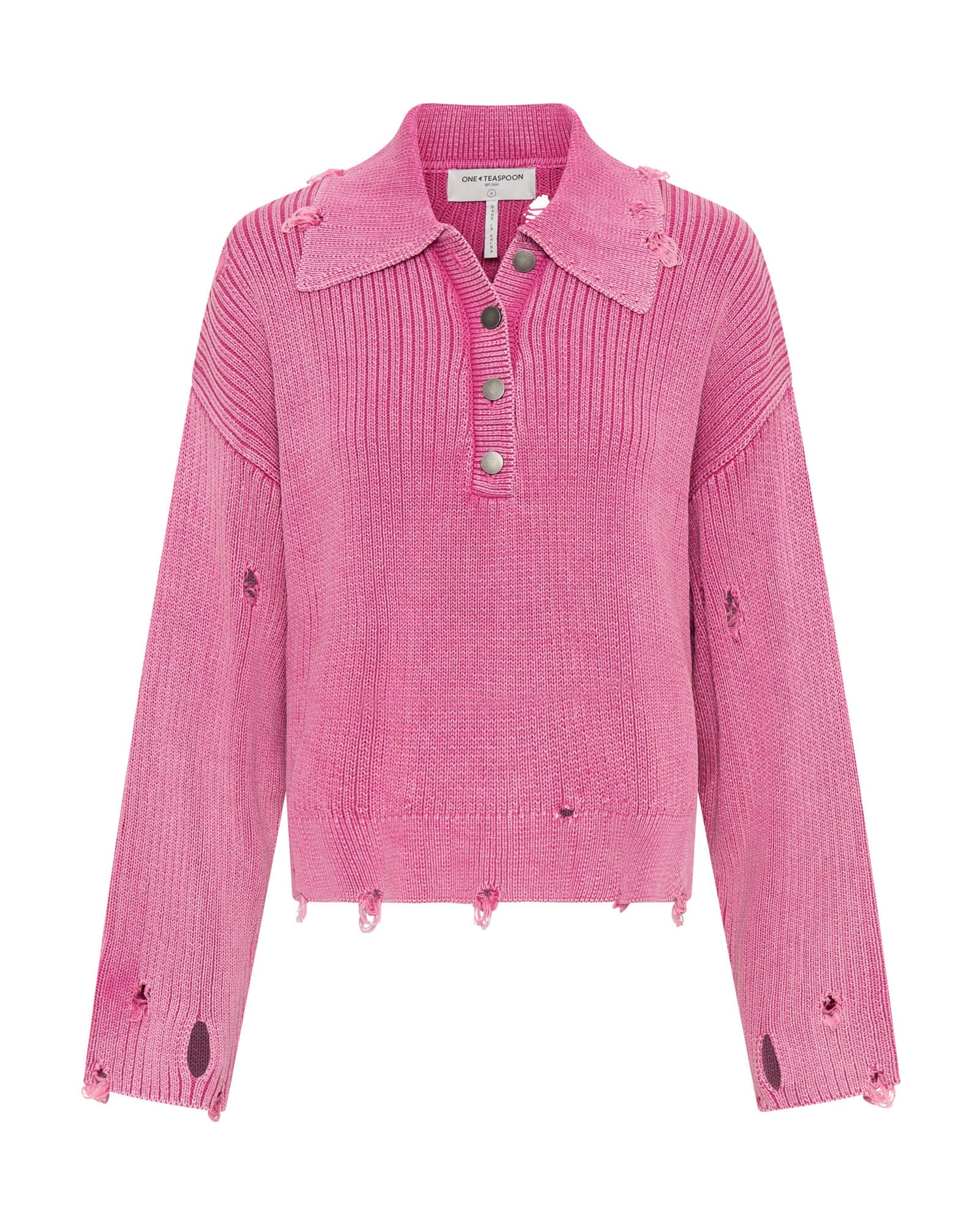 Rib College Pullover Sweater - Pink