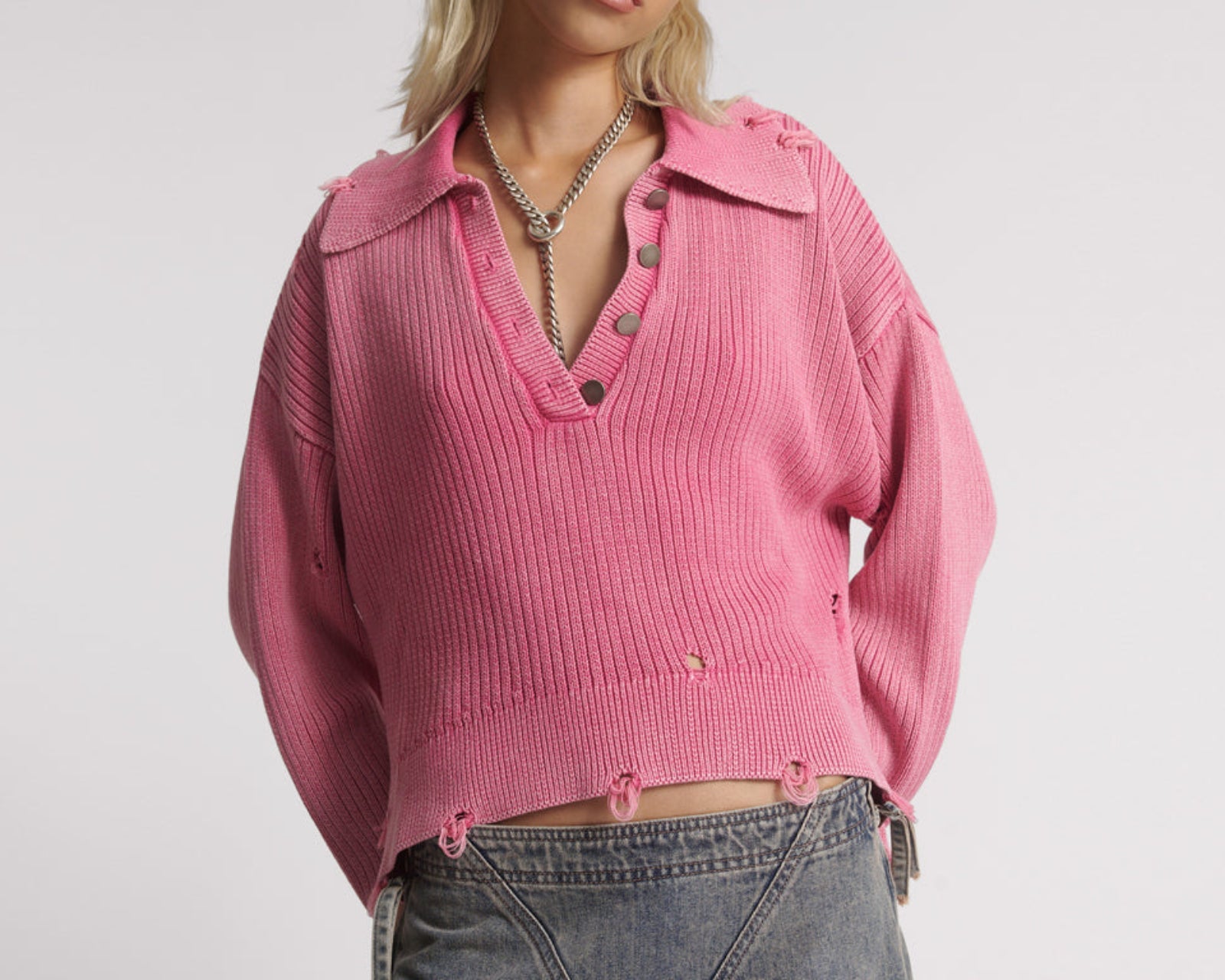 Rib College Pullover Sweater - Pink