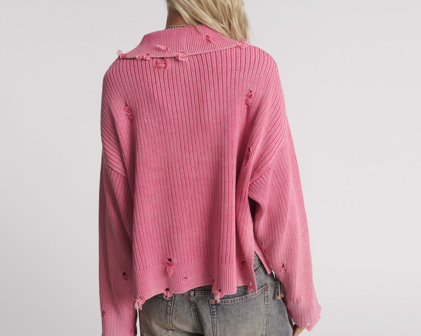 Rib College Pullover Sweater - Pink
