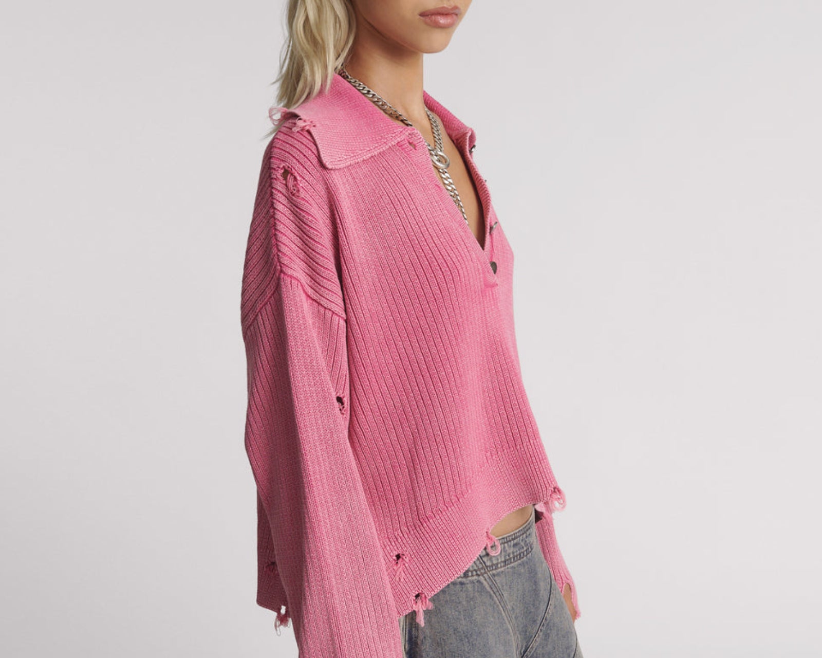 Rib College Pullover Sweater - Pink