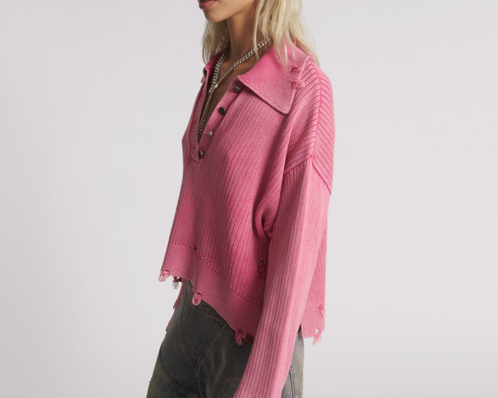 Rib College Pullover Sweater - Pink