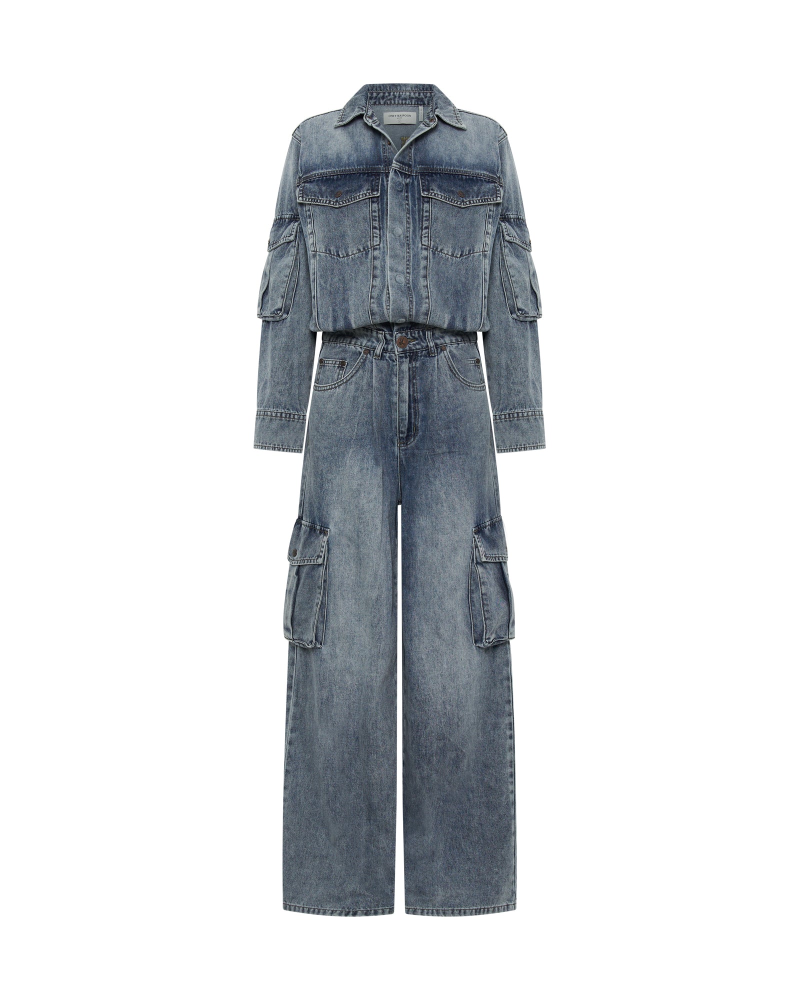 Cargo Trucker Denim Overalls - Blue Blossom | One Teaspoon USA