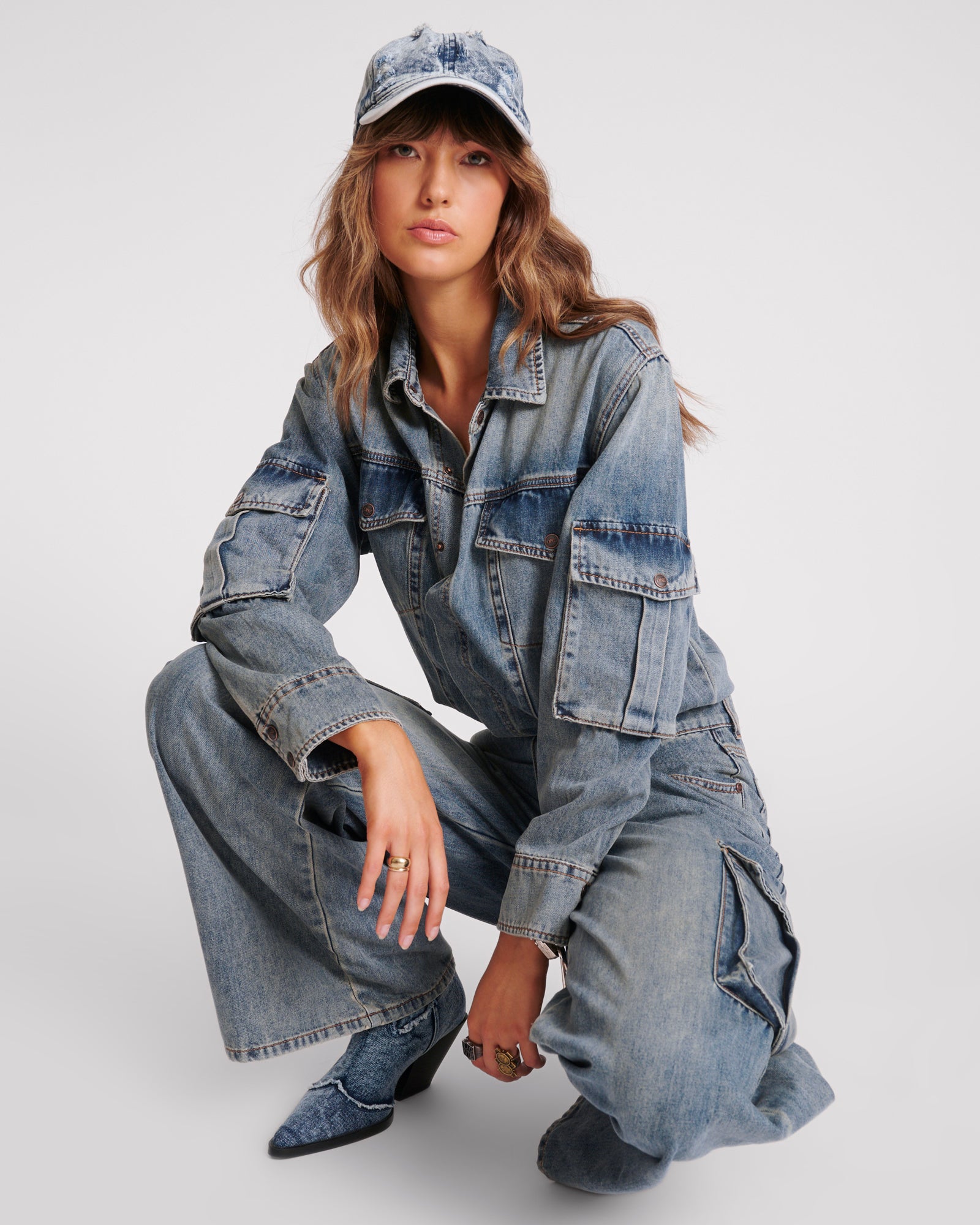 Cargo Trucker Denim Overalls - Blue Blossom | One Teaspoon USA