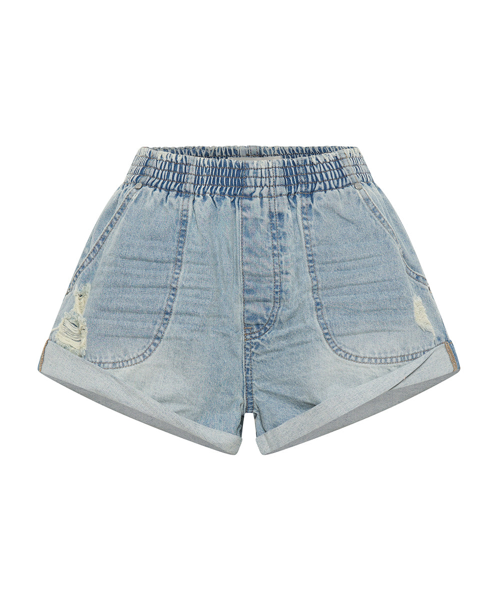 Hunters Mid Waist Boyfriend Elasticated Denim Shorts Sportster Blue
