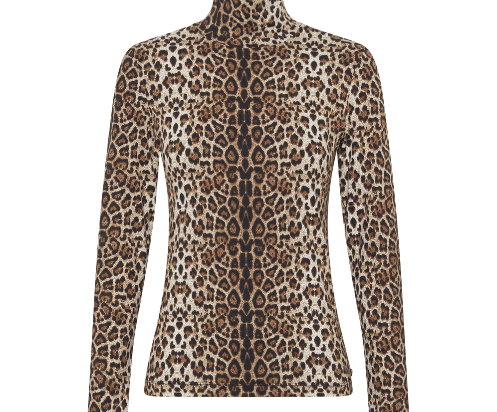 Jersey Turtle Neck Long Sleeve Top - Leopard