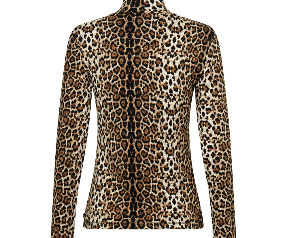 Jersey Turtle Neck Long Sleeve Top - Leopard