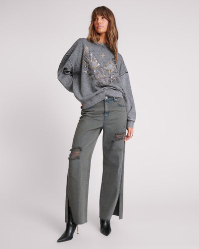 Billie Low Slung Straight Leg Mid Waist Ripped Denim Jeans - Storme