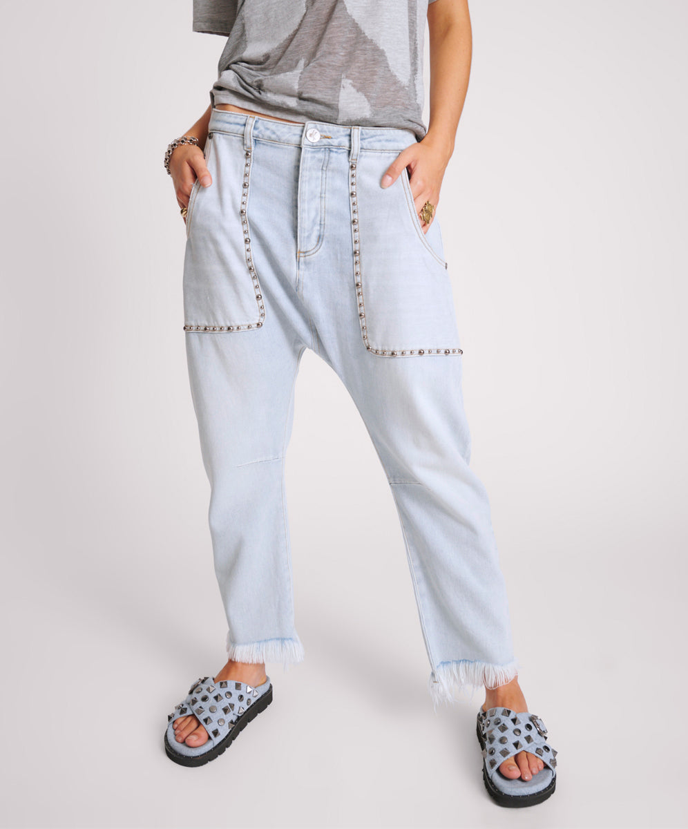 Archive Sale Women's Apparel & Clothing HUSTLER STUDDED SINNERS DROP CROTCH BOYFRIEND JEANS