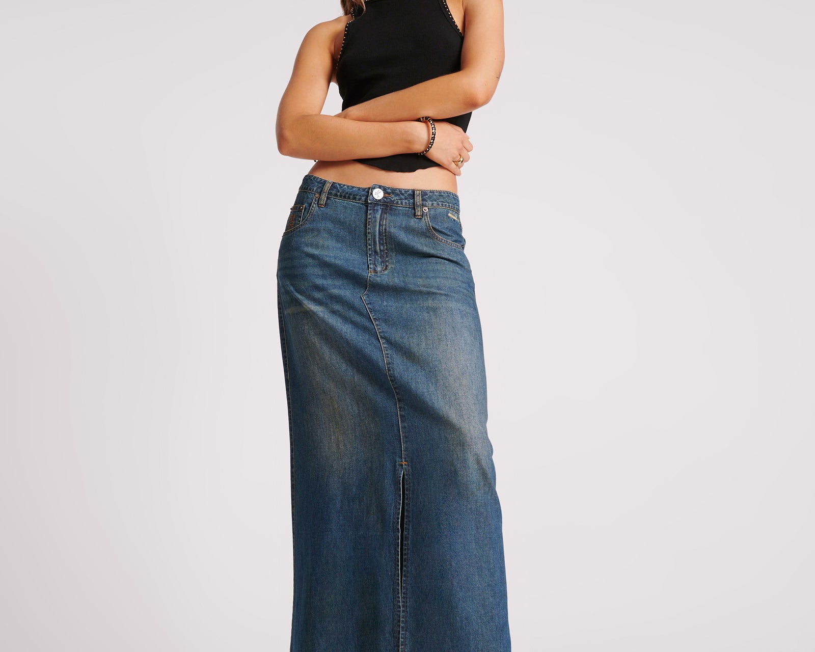 Denim Low Waist Column Skirt - Used Blue