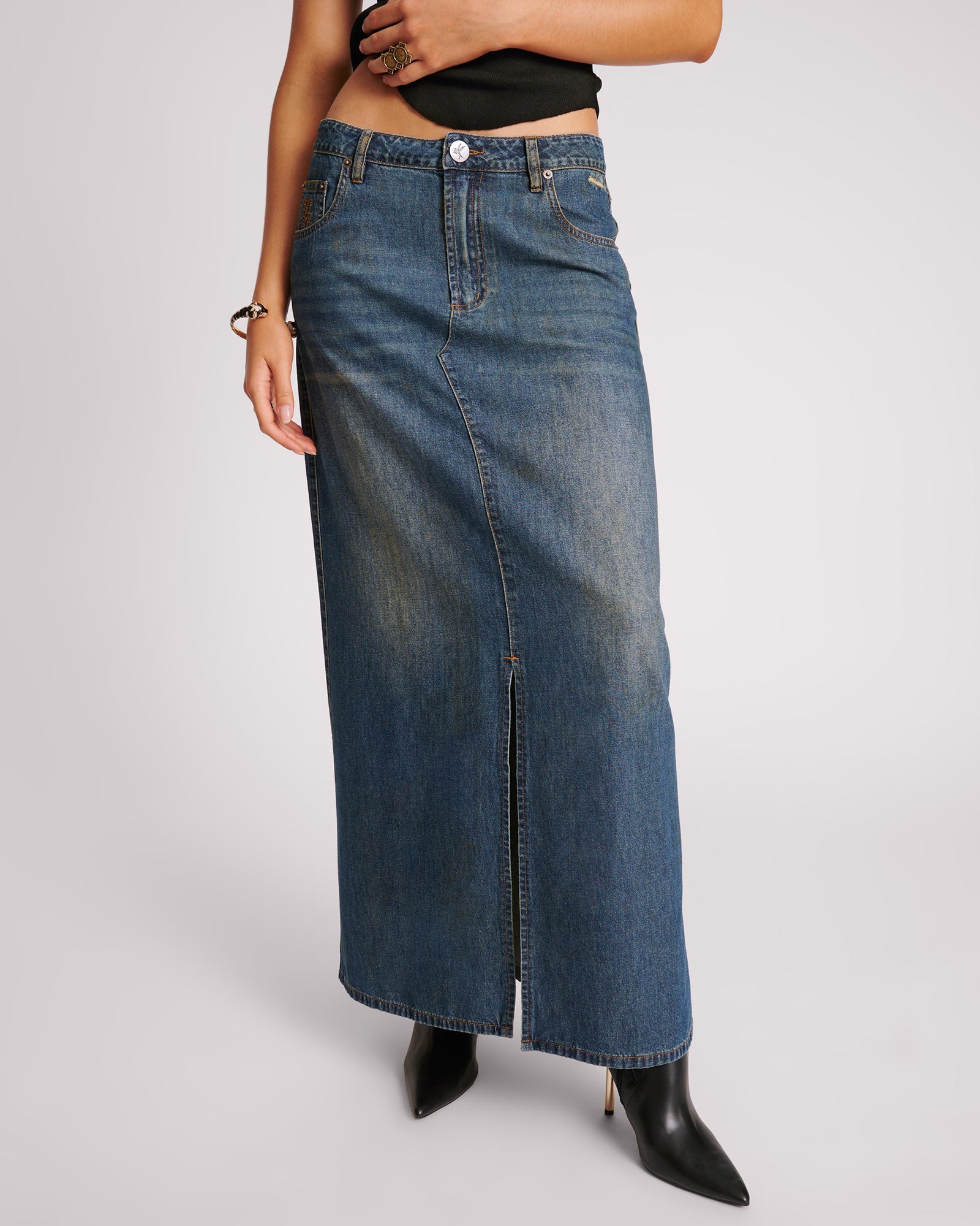 Denim Low Waist Column Skirt - Used Blue | One Teaspoon USA
