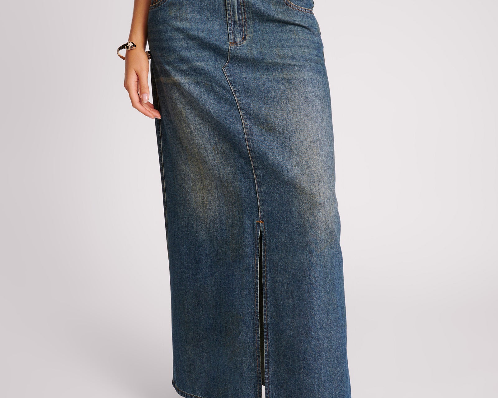 Denim Low Waist Column Skirt - Used Blue