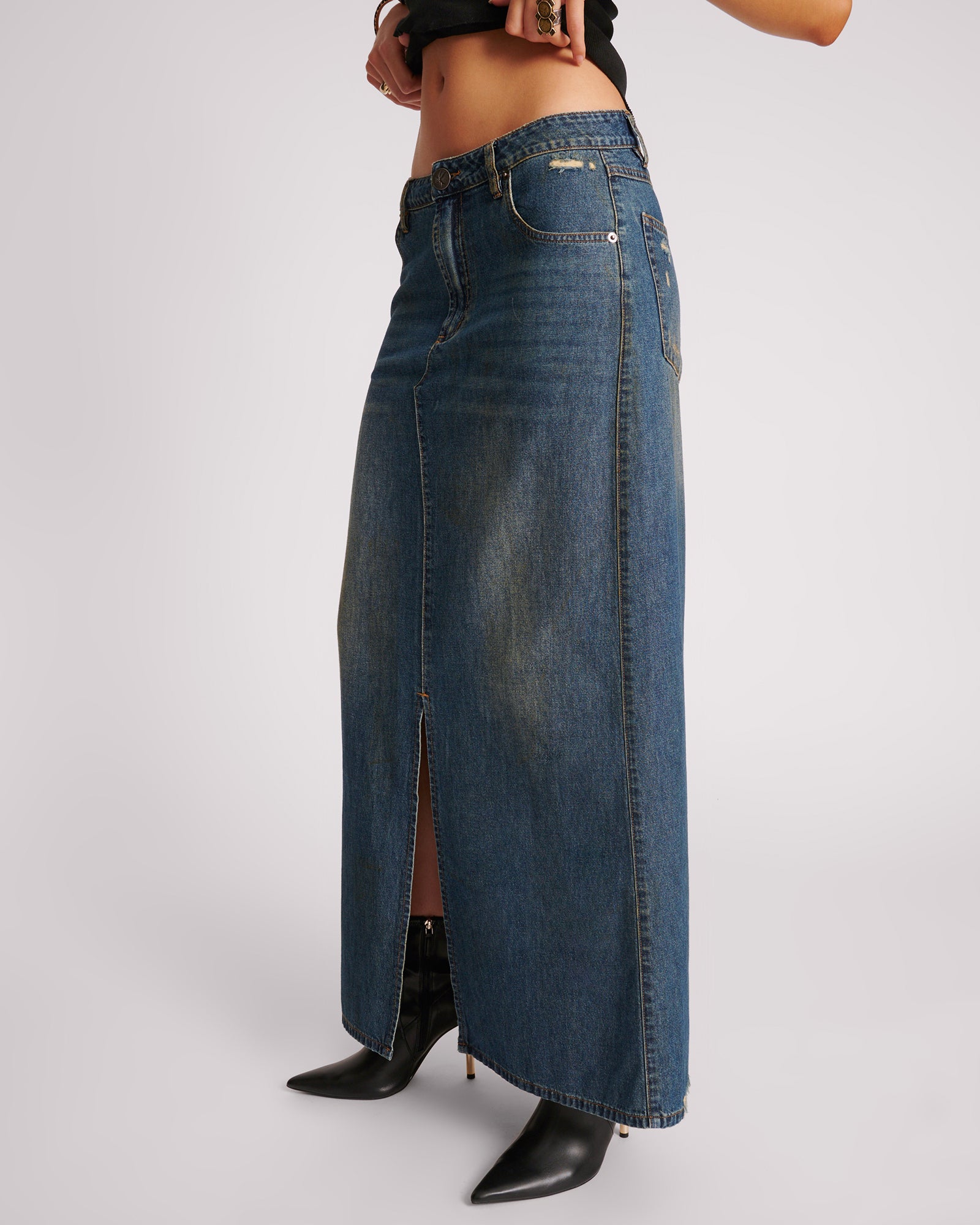 Denim Mid Waist Column Skirt - Used Blue | One Teaspoon USA