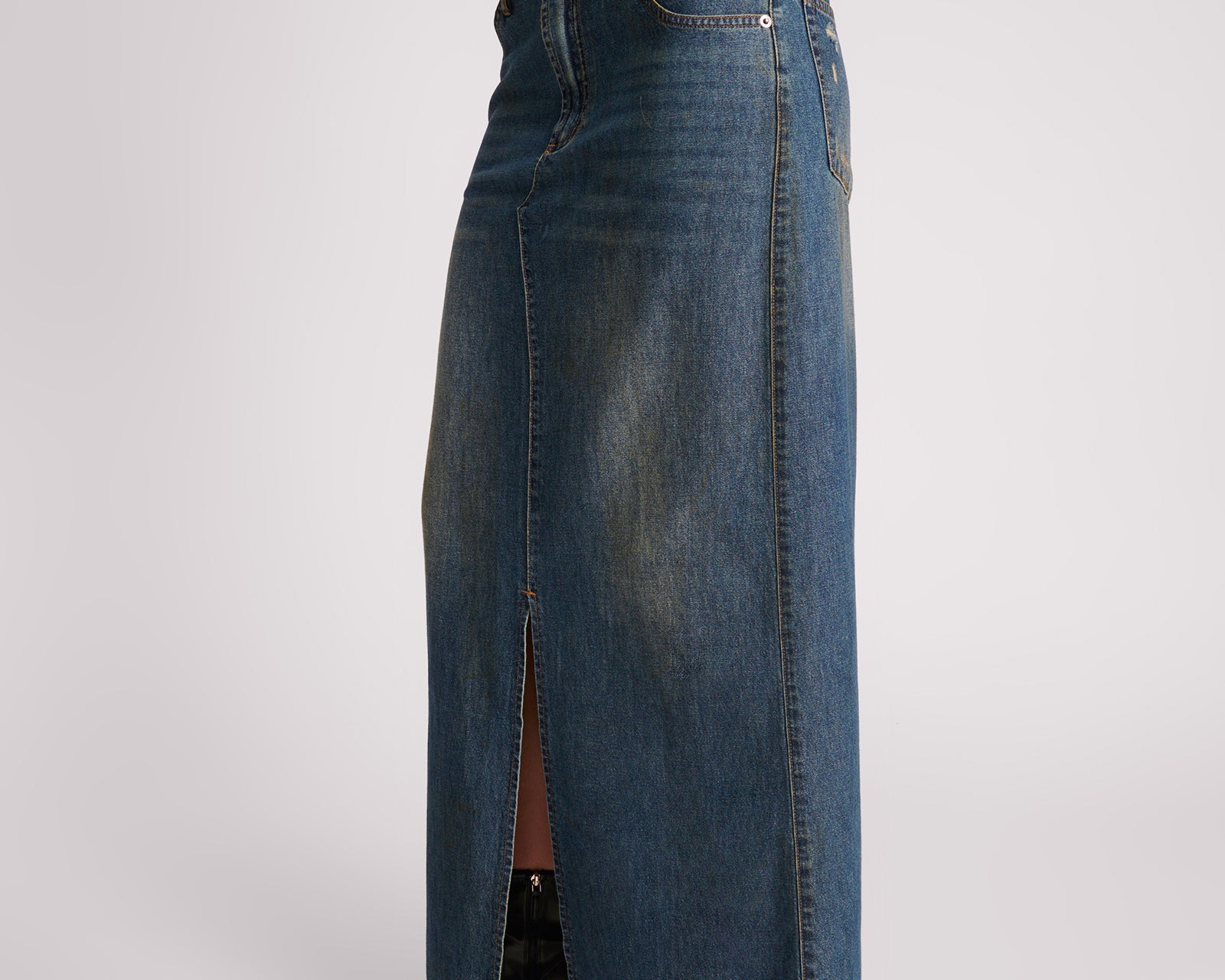 Denim Low Waist Column Skirt - Used Blue