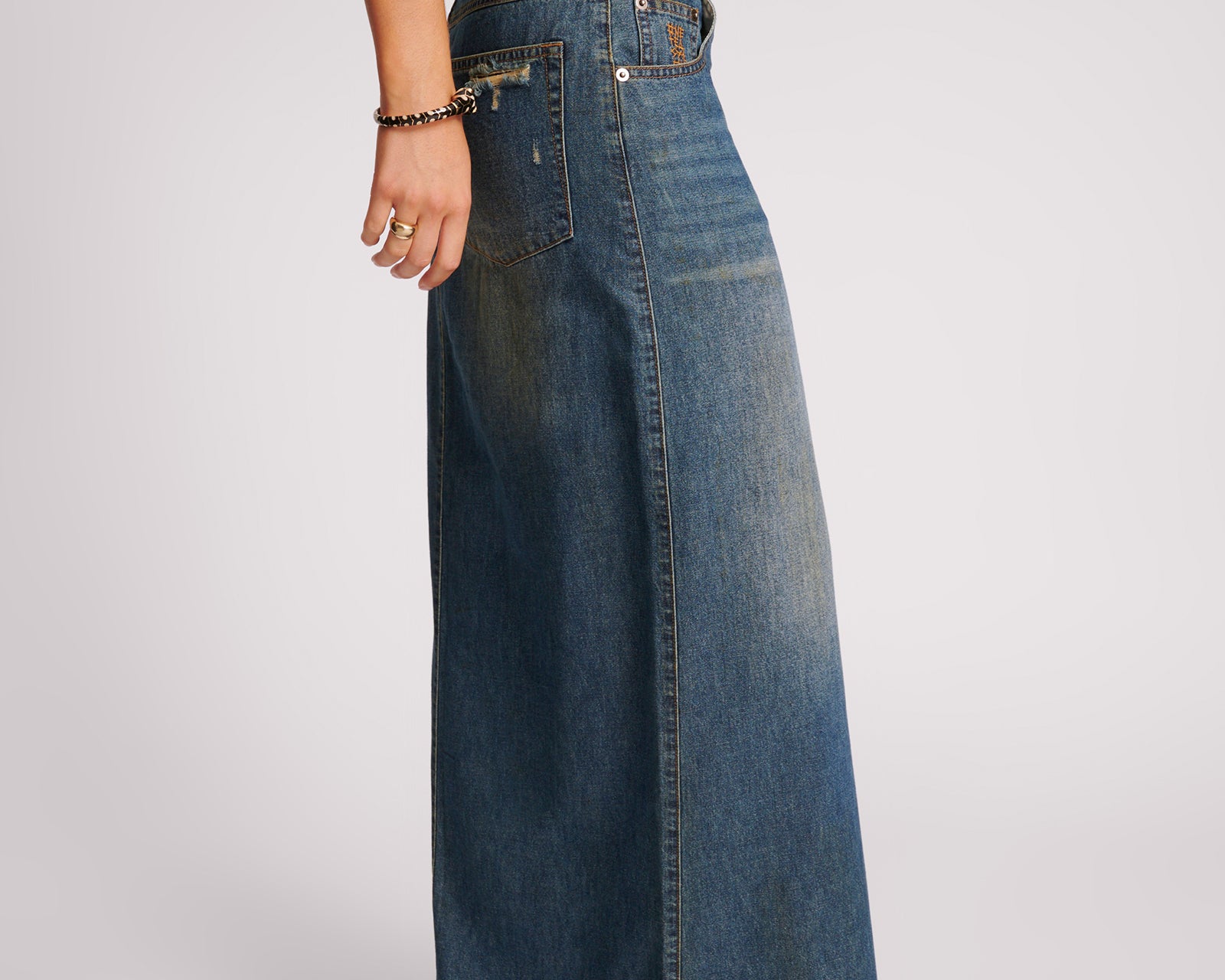 Denim Low Waist Column Skirt - Used Blue