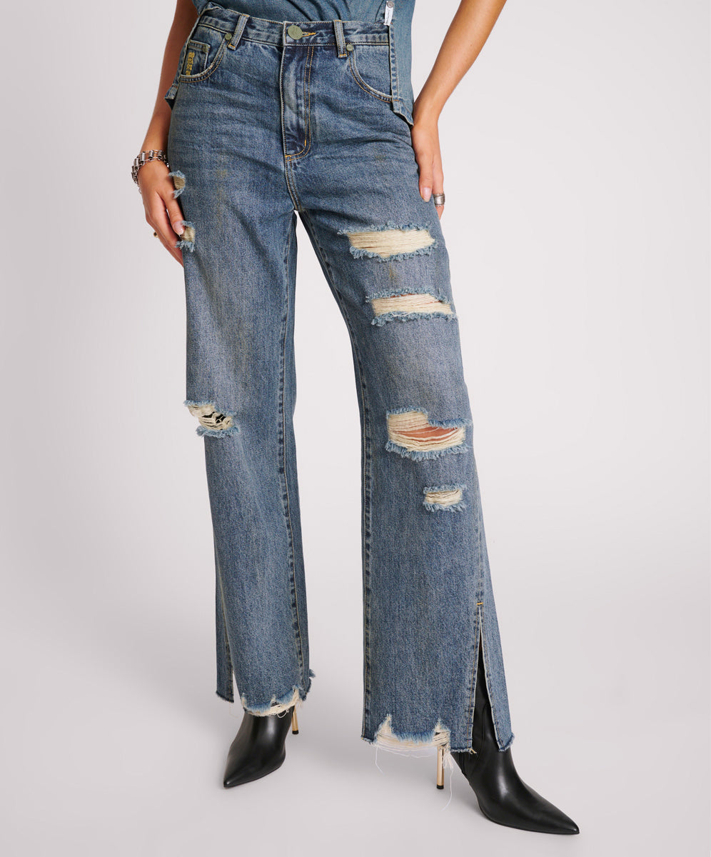 Billie Low Slung Straight Leg Mid Waist Denim Jeans - Used Blue