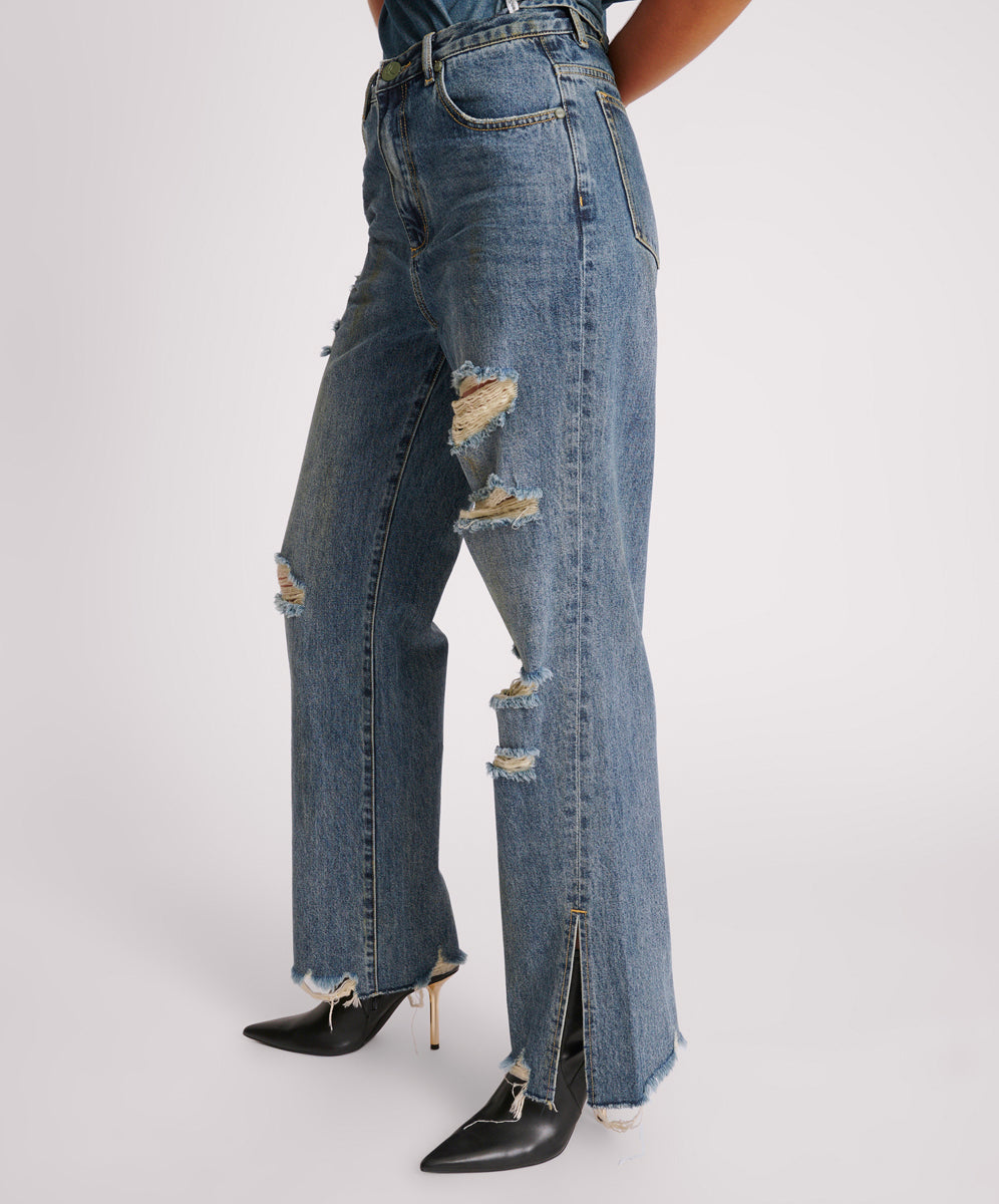 Billie Low Slung Straight Leg Mid Waist Denim Jeans - Used Blue