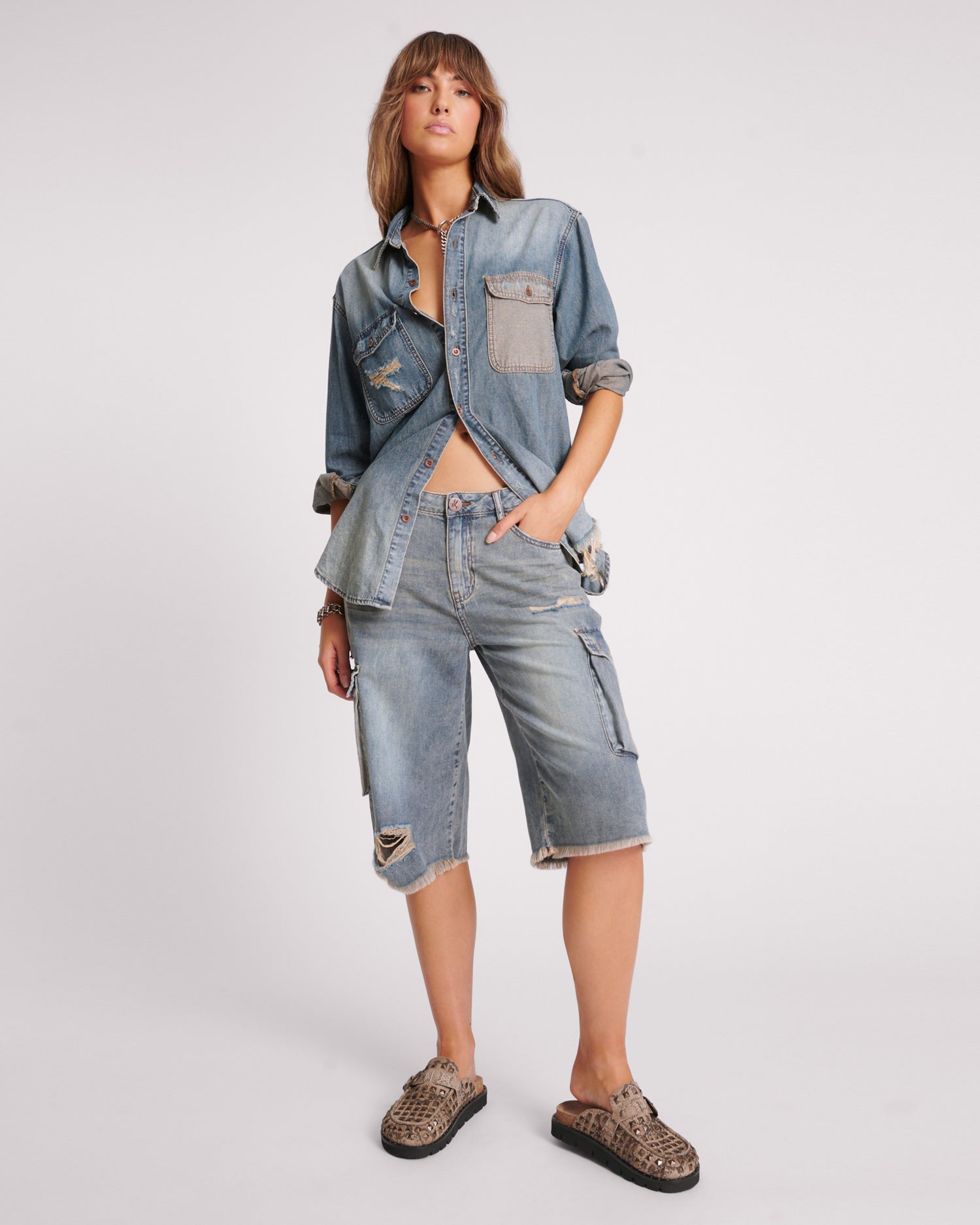 The Great Adventure Skater Girl Low Waist Super Long Leg Shorts - Dirty Blue