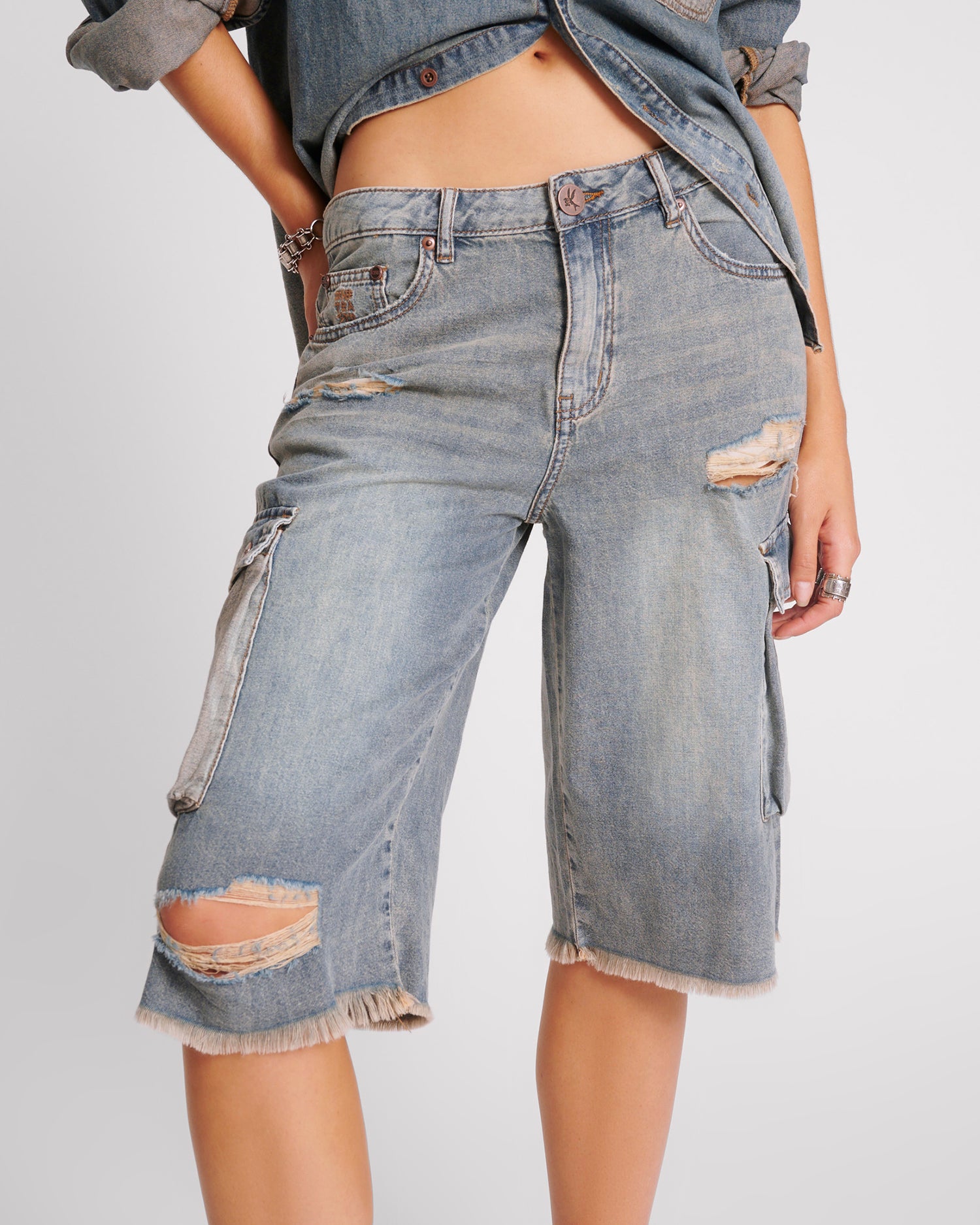 The Great Adventure Skater Girl Low Waist Super Long Leg Shorts - Dirty Blue