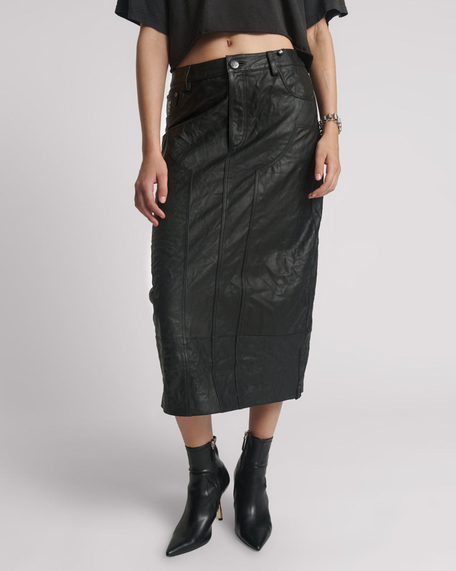 Cassidy Leather Column Midi Skirt - Black | One Teaspoon USA