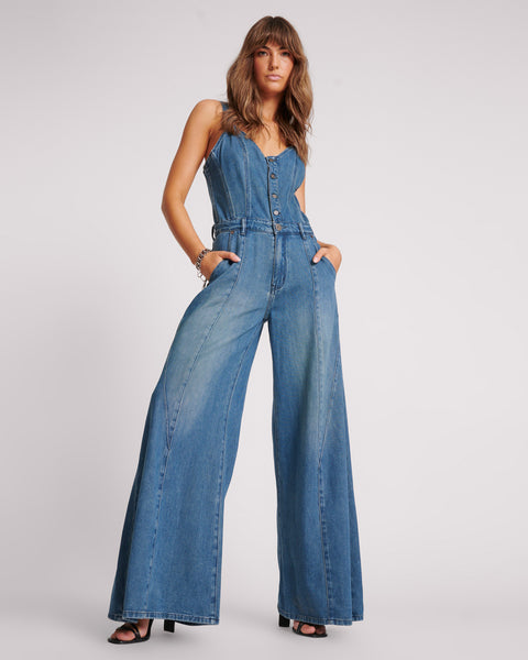 Freida Fit N Flare Denim Jumpsuit - Gritty Blue | One Teaspoon USA