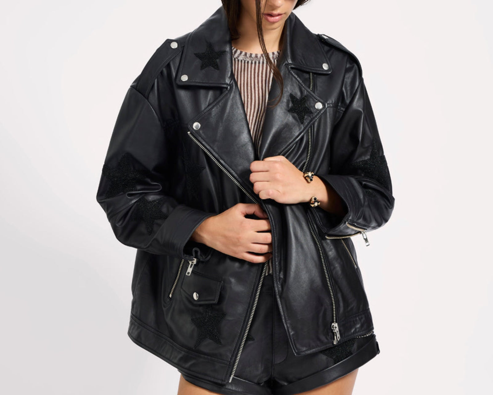 Biker Boyfriend Embellished Moto Leather Jacket - Black Star