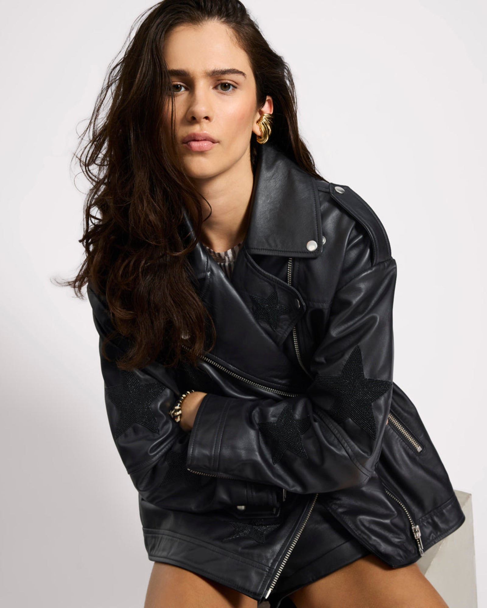 Biker Boyfriend Embellished Moto Leather Jacket - Black Star | One