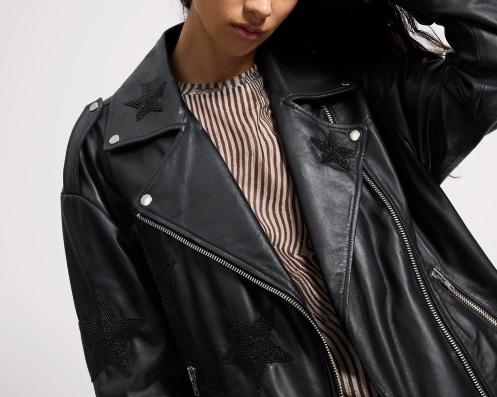 Biker Boyfriend Embellished Moto Leather Jacket - Black Star
