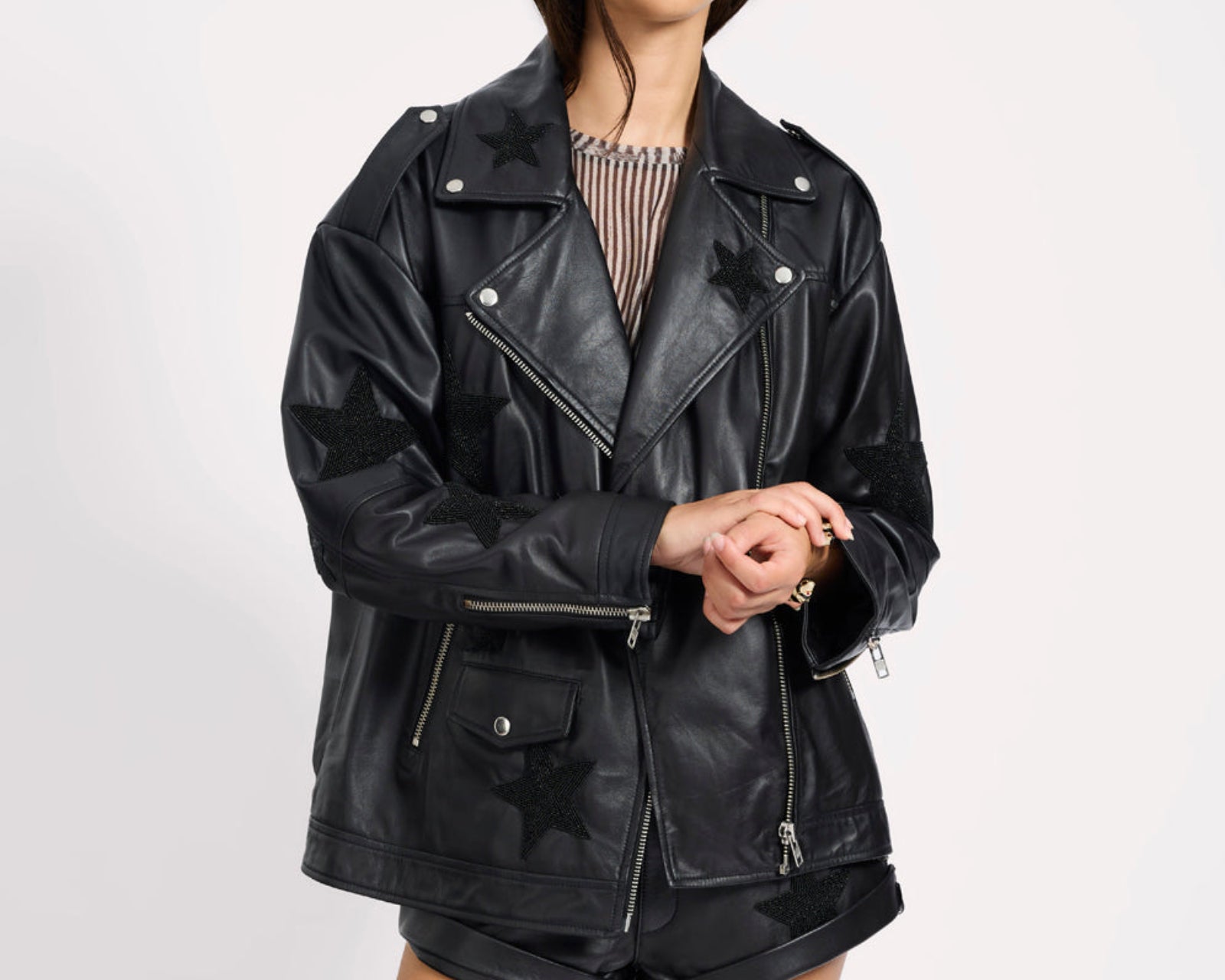 Biker Boyfriend Embellished Moto Leather Jacket - Black Star