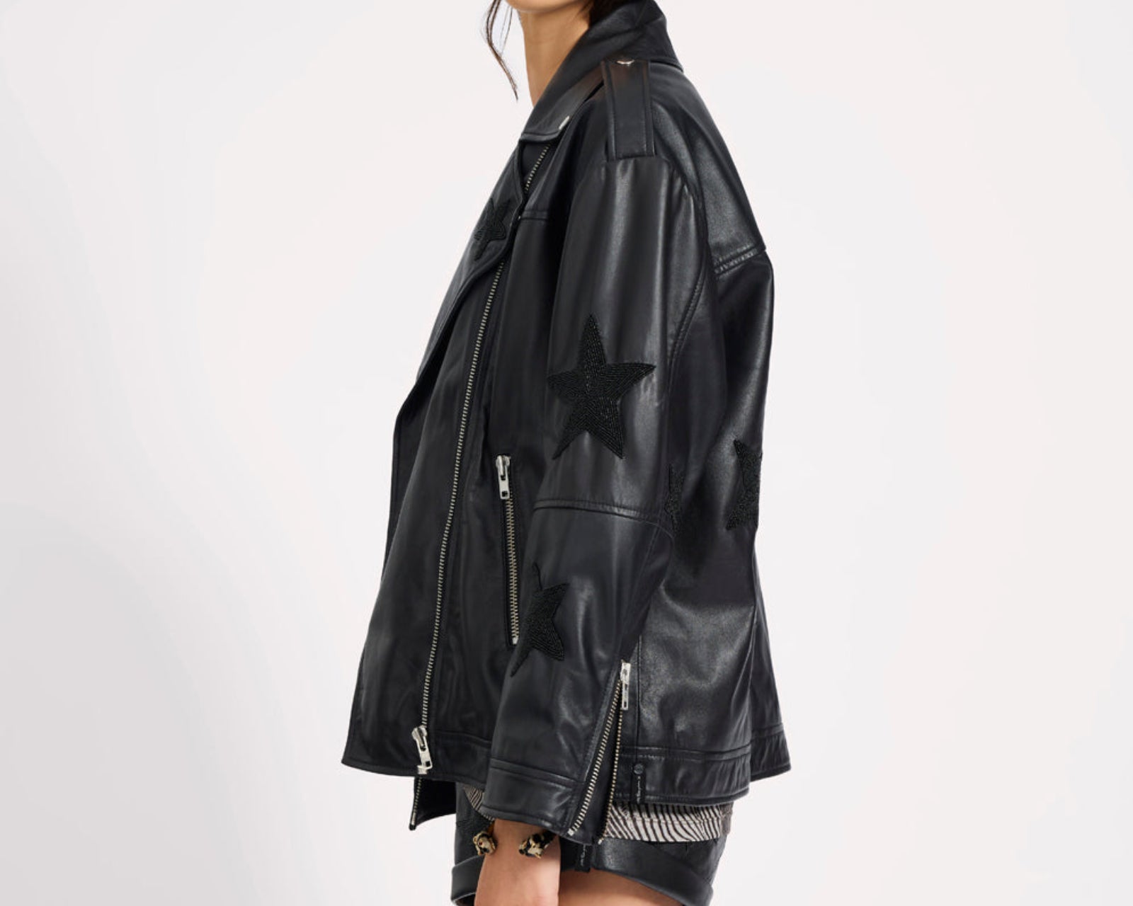 Biker Boyfriend Embellished Moto Leather Jacket - Black Star