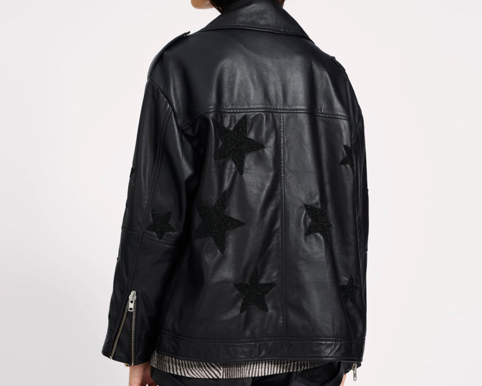 Biker Boyfriend Embellished Moto Leather Jacket - Black Star