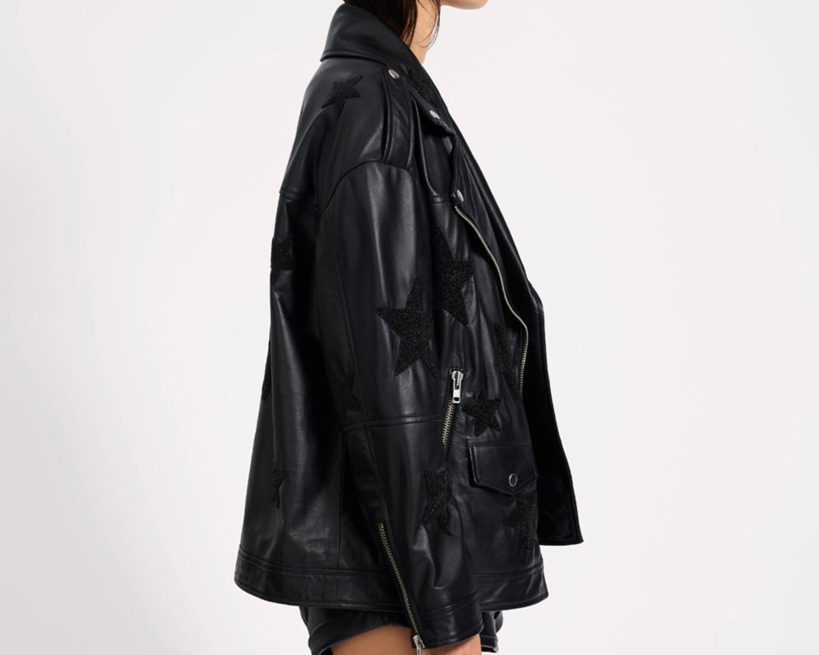 Biker Boyfriend Embellished Moto Leather Jacket - Black Star